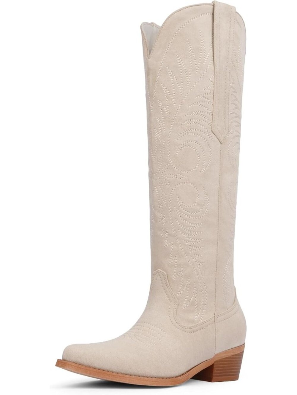 👢Women's Beige Suede Knee High Cowgirl Embroidered Pointed Toe Western Boots